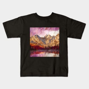 Golden Textured Mountain Lake Reflecting Pink Skies Kids T-Shirt